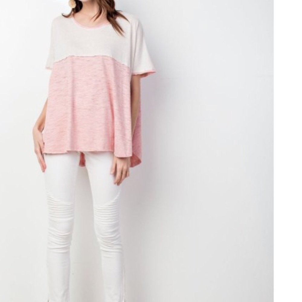 Rose Color Block Side Slit Slub Knit T top